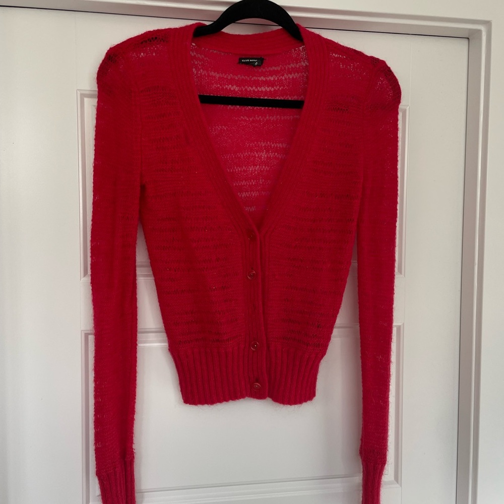 Merino club Monaco loose knit cardinal red cardigan lightweight 100 merino wool